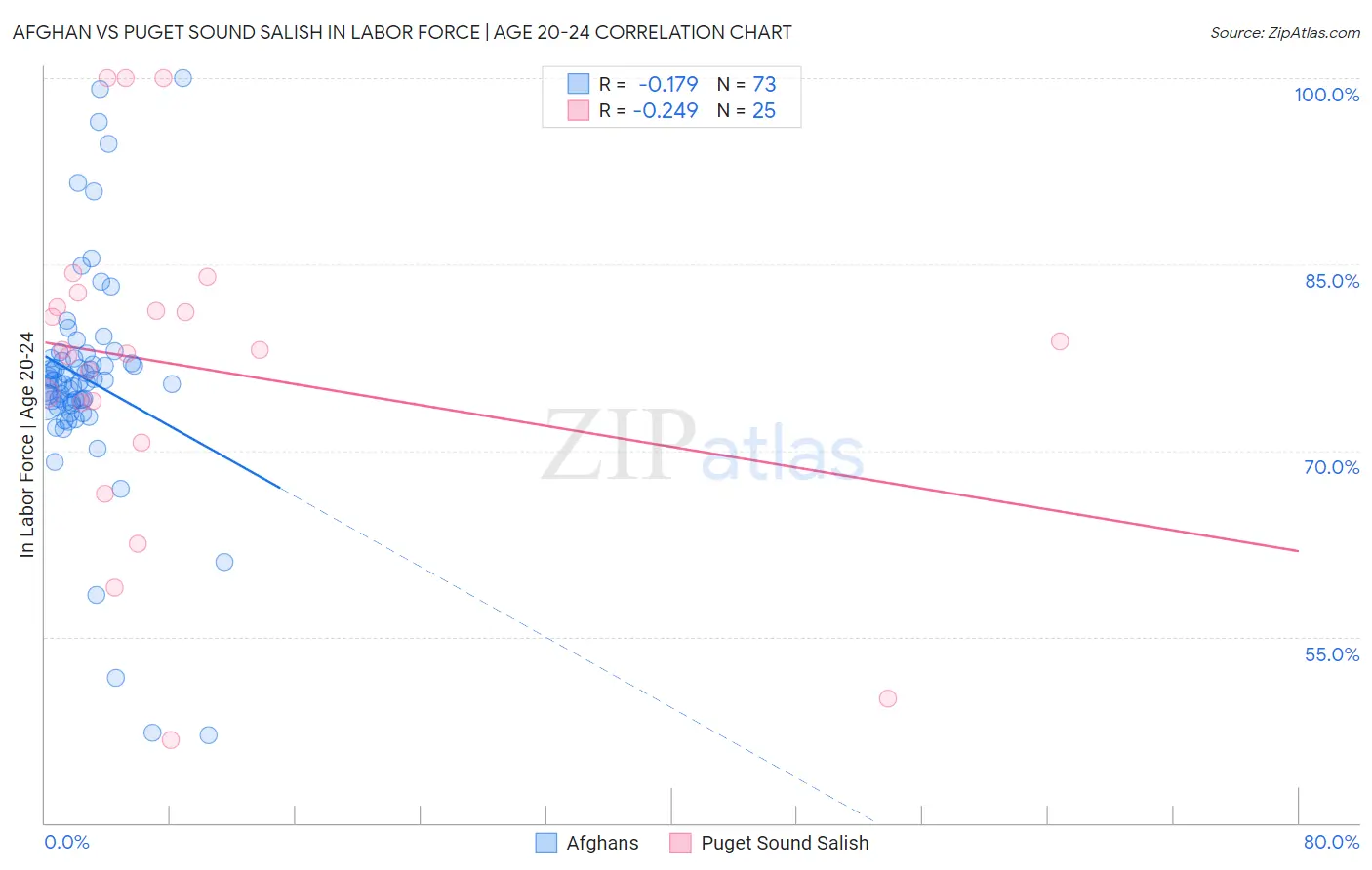 Afghan vs Puget Sound Salish In Labor Force | Age 20-24