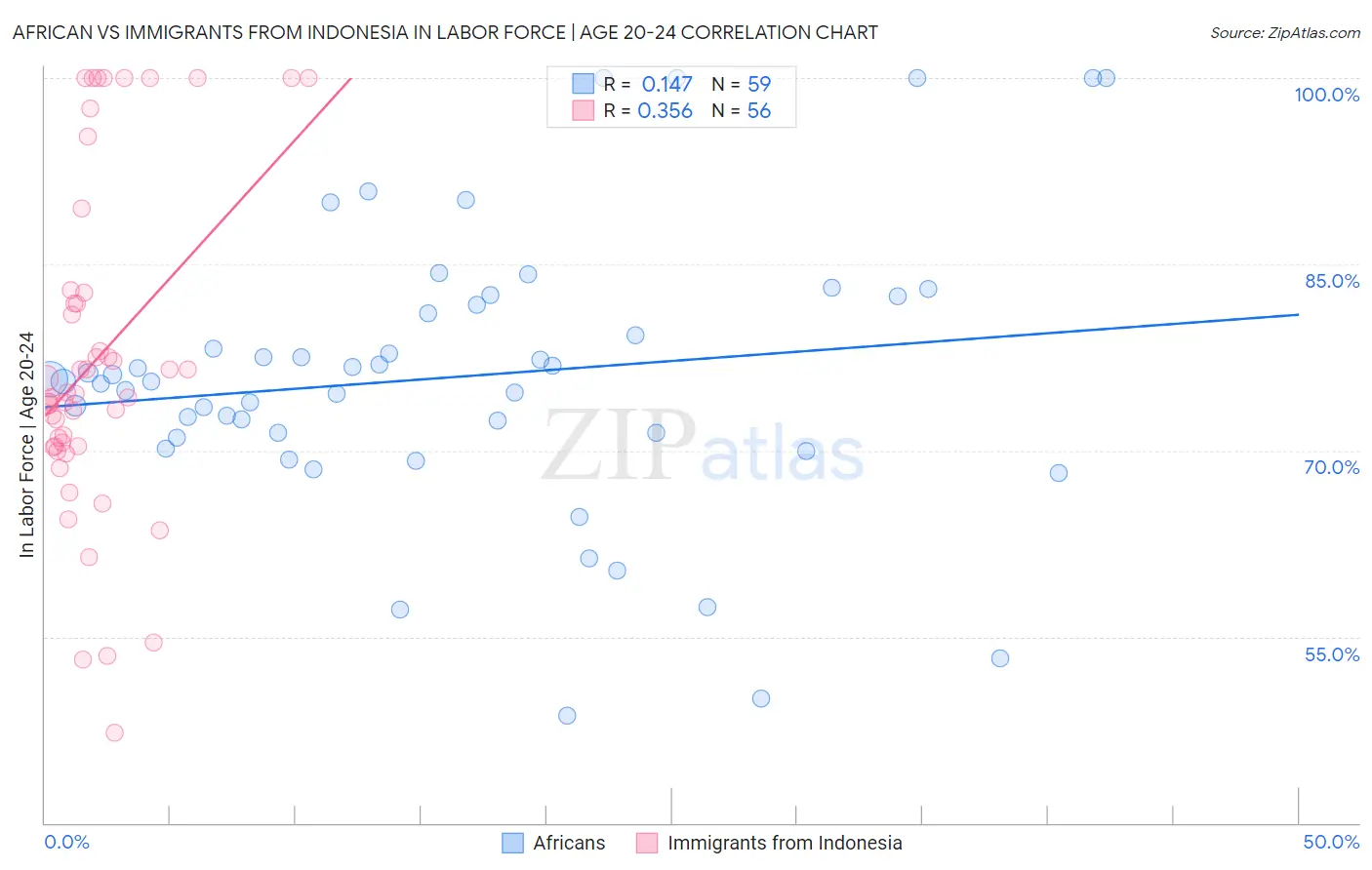 African vs Immigrants from Indonesia In Labor Force | Age 20-24