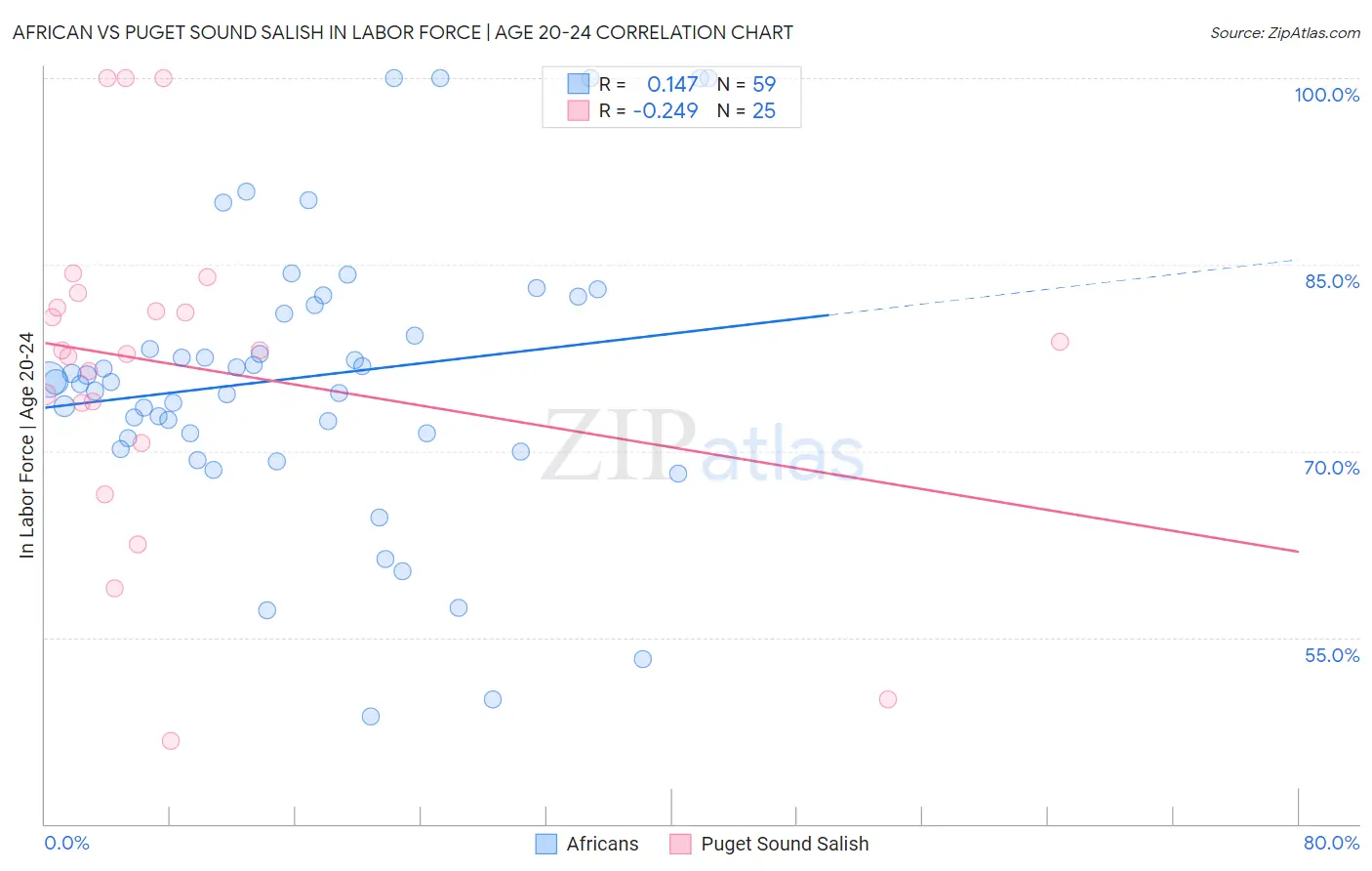 African vs Puget Sound Salish In Labor Force | Age 20-24