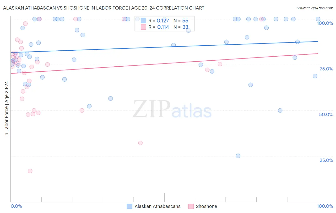 Alaskan Athabascan vs Shoshone In Labor Force | Age 20-24