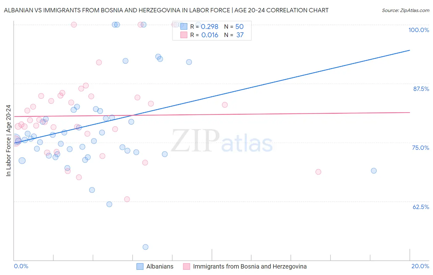 Albanian vs Immigrants from Bosnia and Herzegovina In Labor Force | Age 20-24