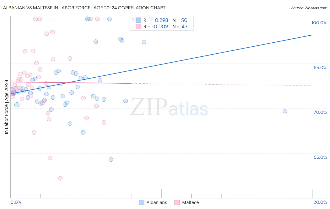 Albanian vs Maltese In Labor Force | Age 20-24