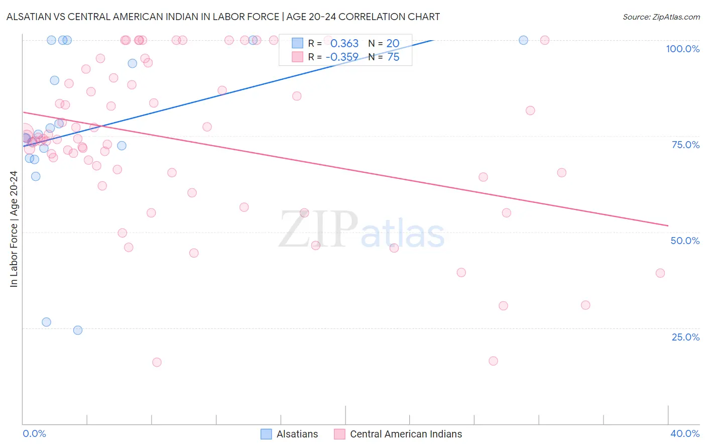 Alsatian vs Central American Indian In Labor Force | Age 20-24