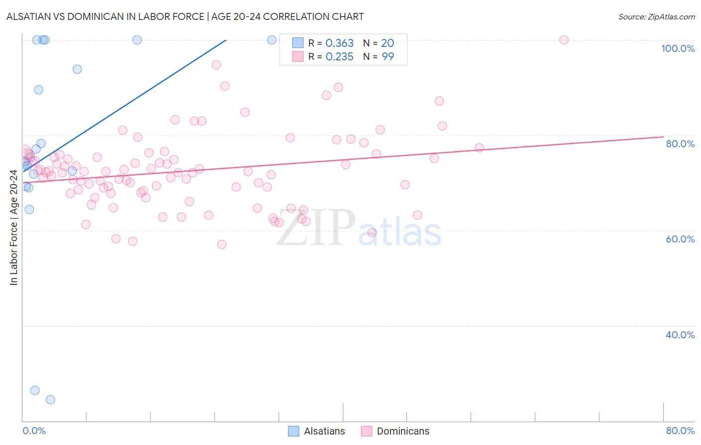 Alsatian vs Dominican In Labor Force | Age 20-24
