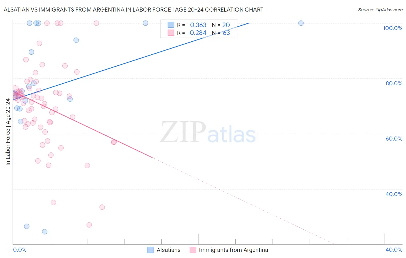 Alsatian vs Immigrants from Argentina In Labor Force | Age 20-24