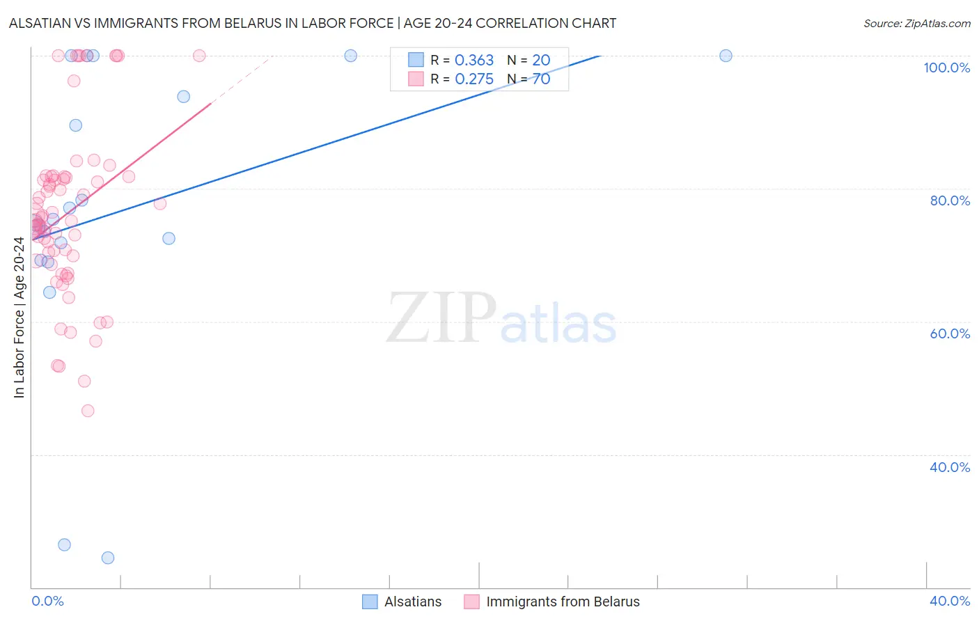 Alsatian vs Immigrants from Belarus In Labor Force | Age 20-24