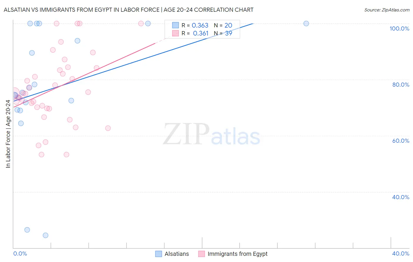 Alsatian vs Immigrants from Egypt In Labor Force | Age 20-24
