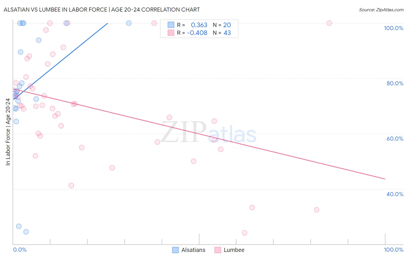 Alsatian vs Lumbee In Labor Force | Age 20-24