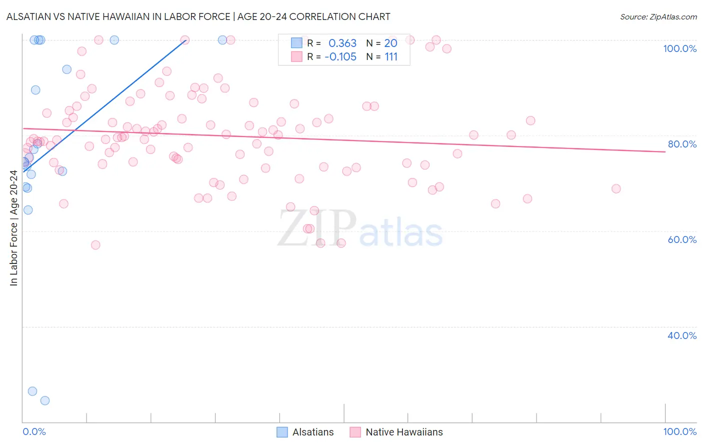 Alsatian vs Native Hawaiian In Labor Force | Age 20-24