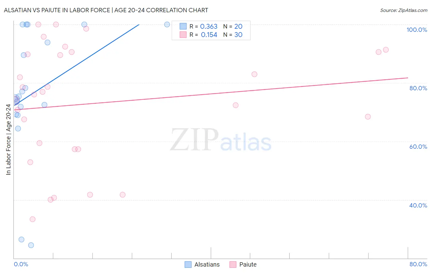 Alsatian vs Paiute In Labor Force | Age 20-24
