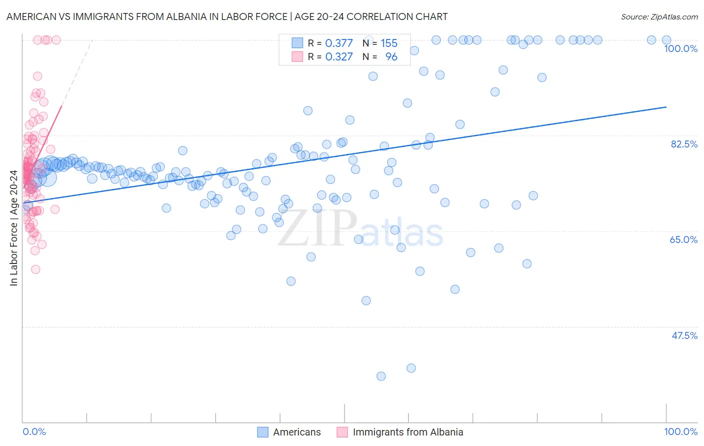 American vs Immigrants from Albania In Labor Force | Age 20-24