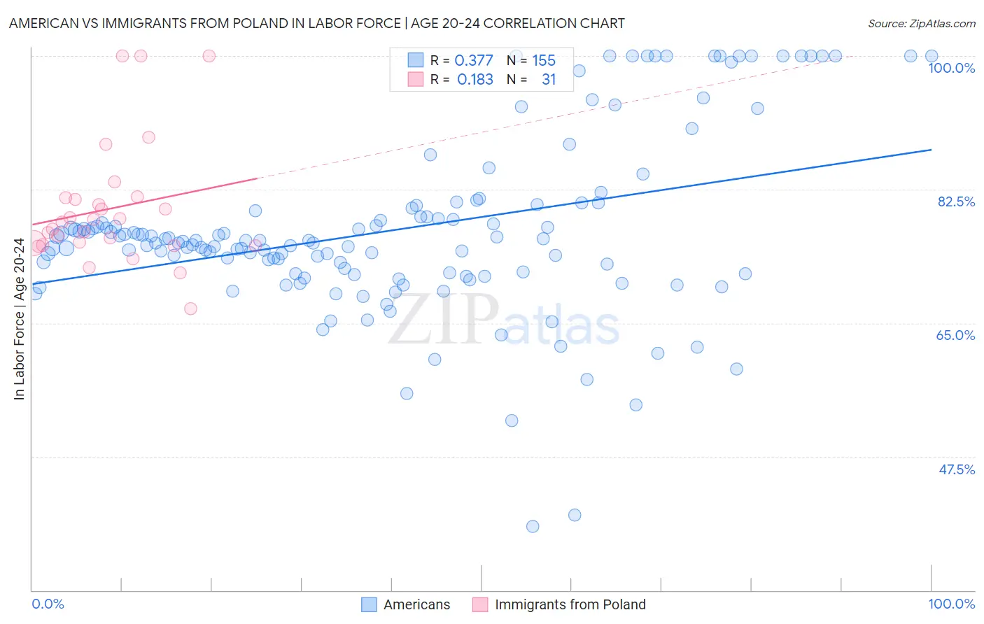 American vs Immigrants from Poland In Labor Force | Age 20-24