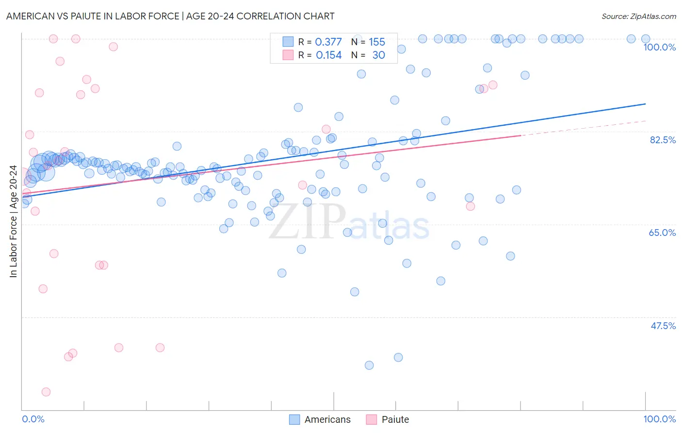 American vs Paiute In Labor Force | Age 20-24