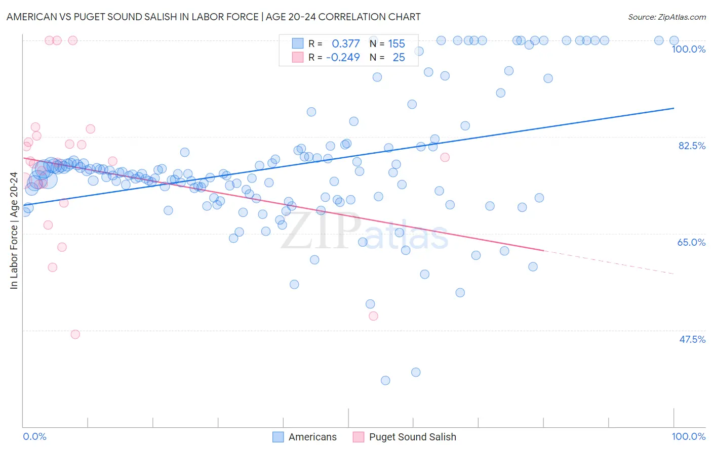 American vs Puget Sound Salish In Labor Force | Age 20-24