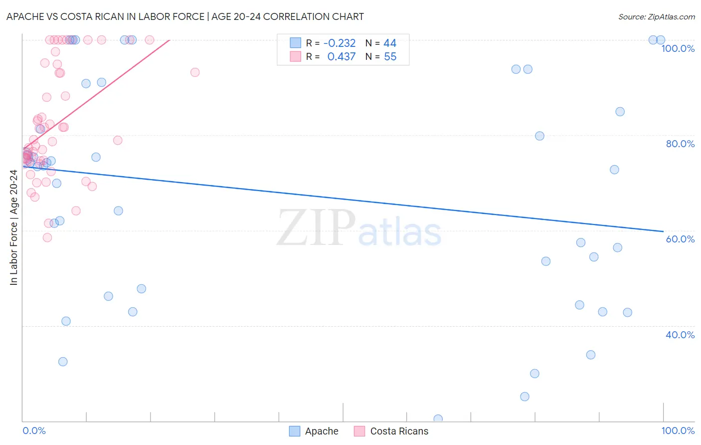 Apache vs Costa Rican In Labor Force | Age 20-24