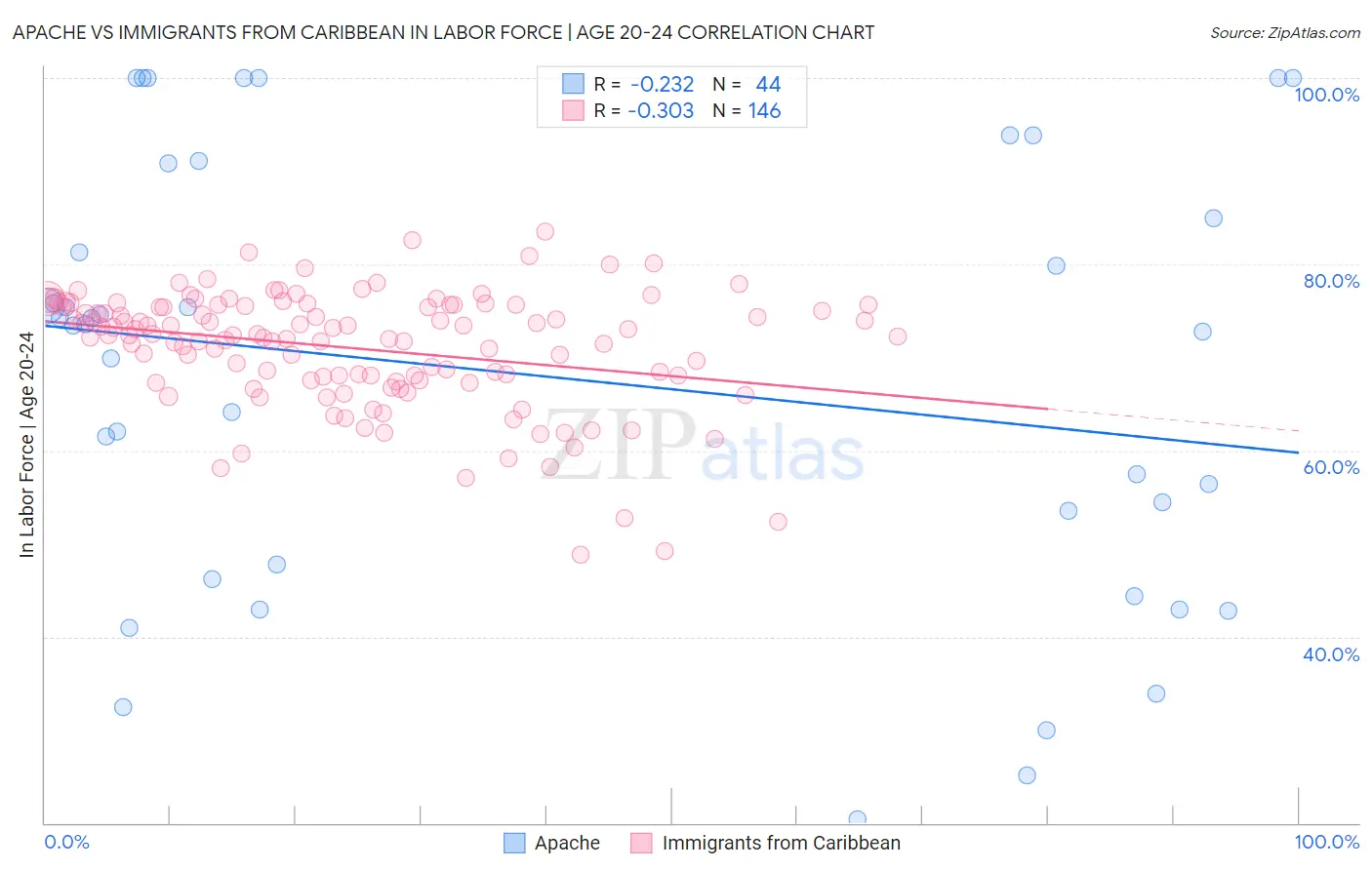 Apache vs Immigrants from Caribbean In Labor Force | Age 20-24