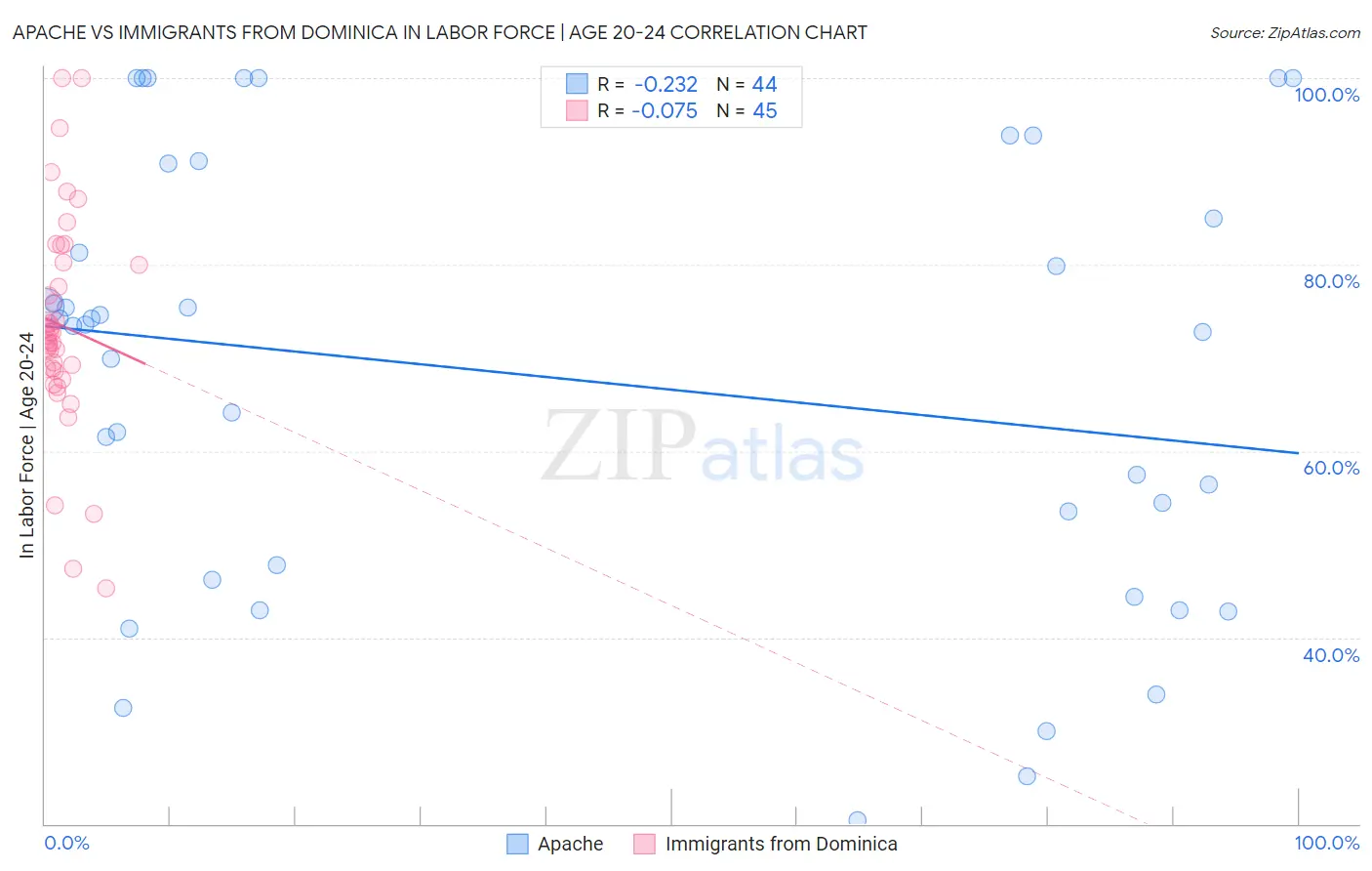 Apache vs Immigrants from Dominica In Labor Force | Age 20-24