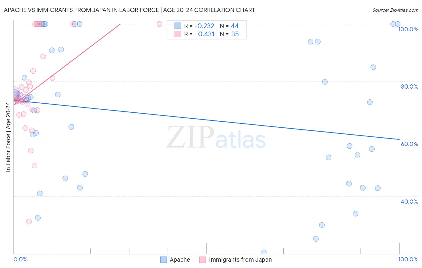 Apache vs Immigrants from Japan In Labor Force | Age 20-24
