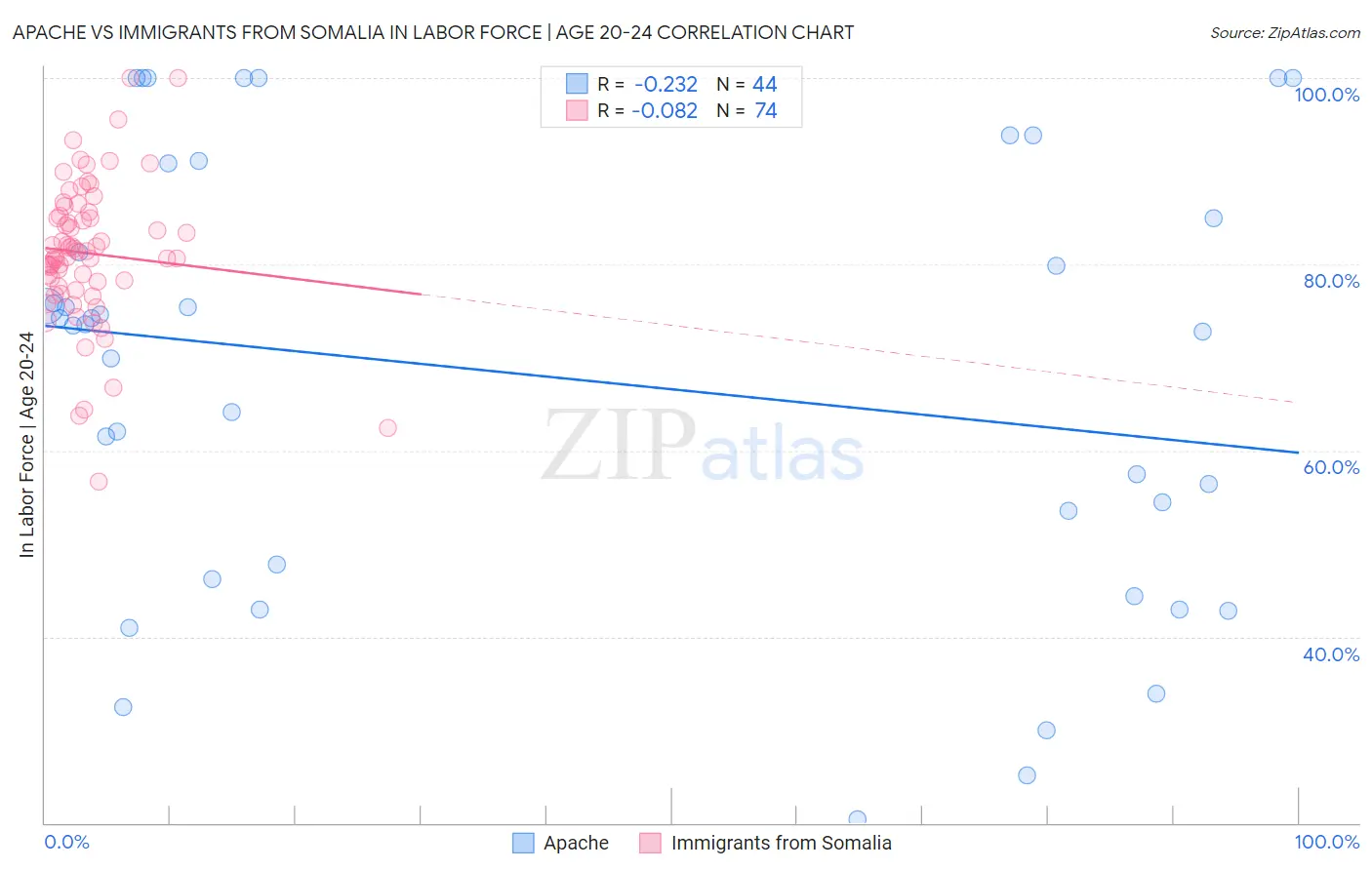 Apache vs Immigrants from Somalia In Labor Force | Age 20-24