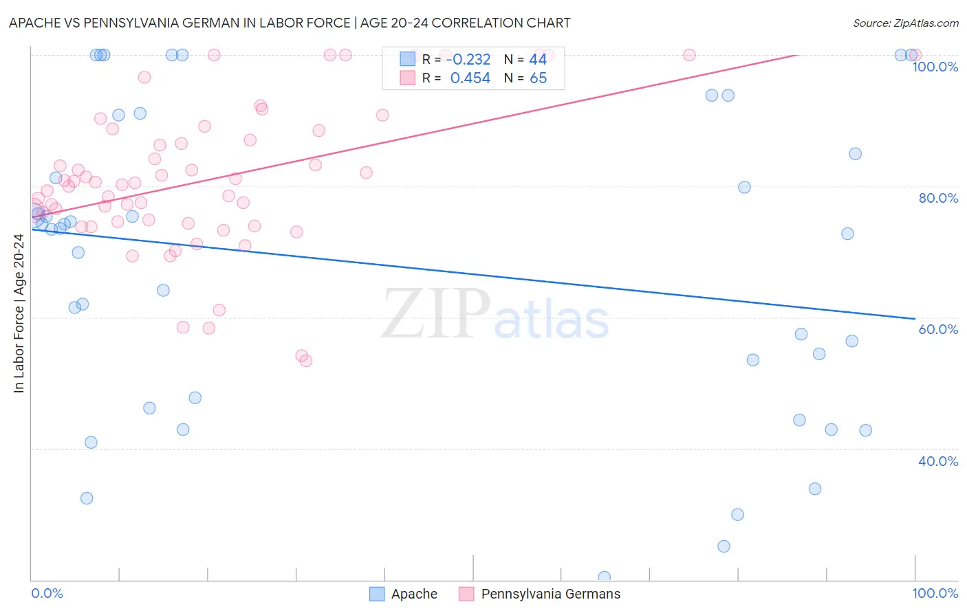 Apache vs Pennsylvania German In Labor Force | Age 20-24