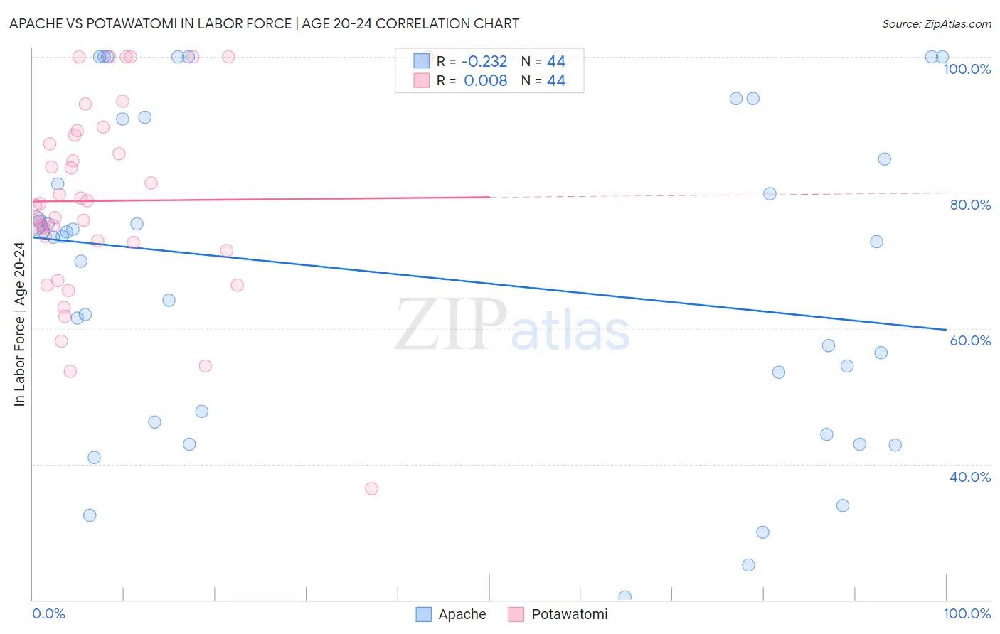Apache vs Potawatomi In Labor Force | Age 20-24