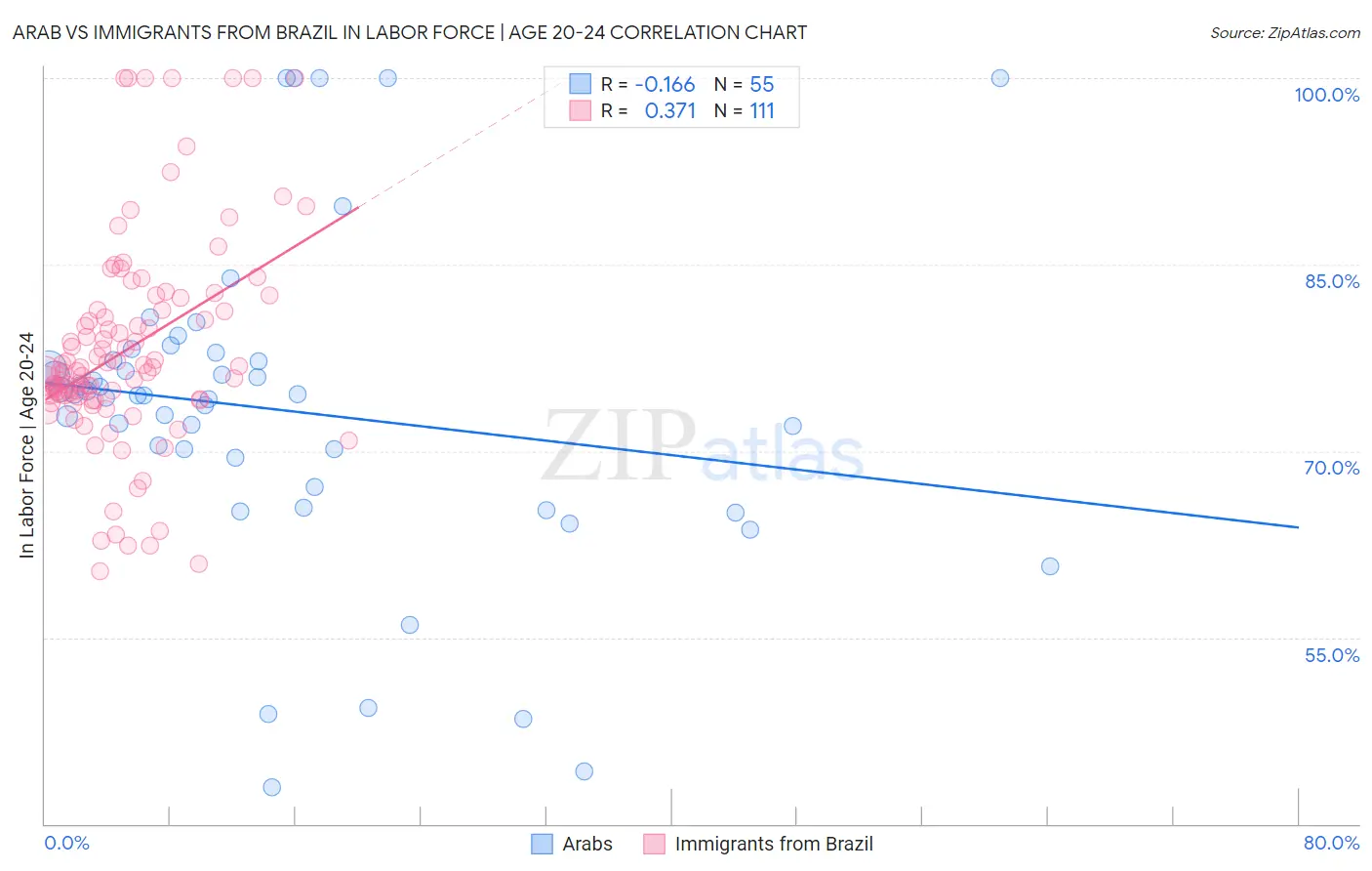 Arab vs Immigrants from Brazil In Labor Force | Age 20-24