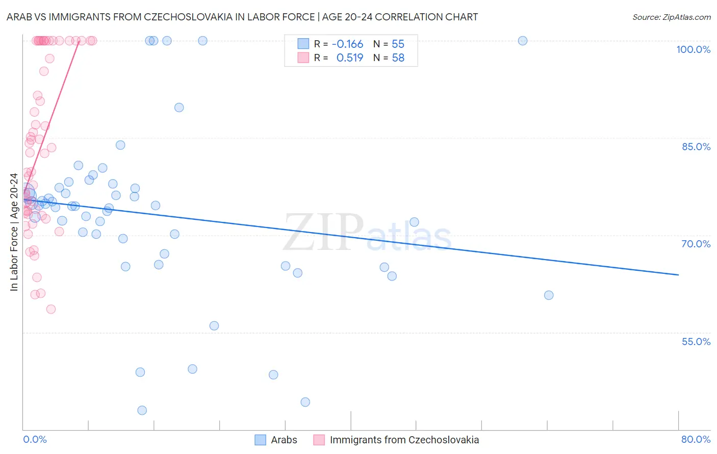 Arab vs Immigrants from Czechoslovakia In Labor Force | Age 20-24