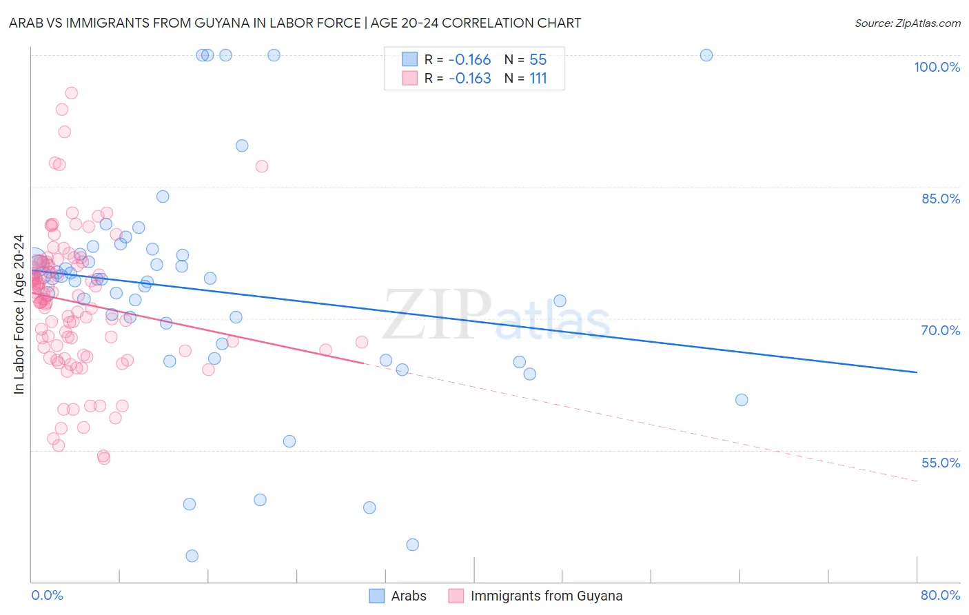 Arab vs Immigrants from Guyana In Labor Force | Age 20-24