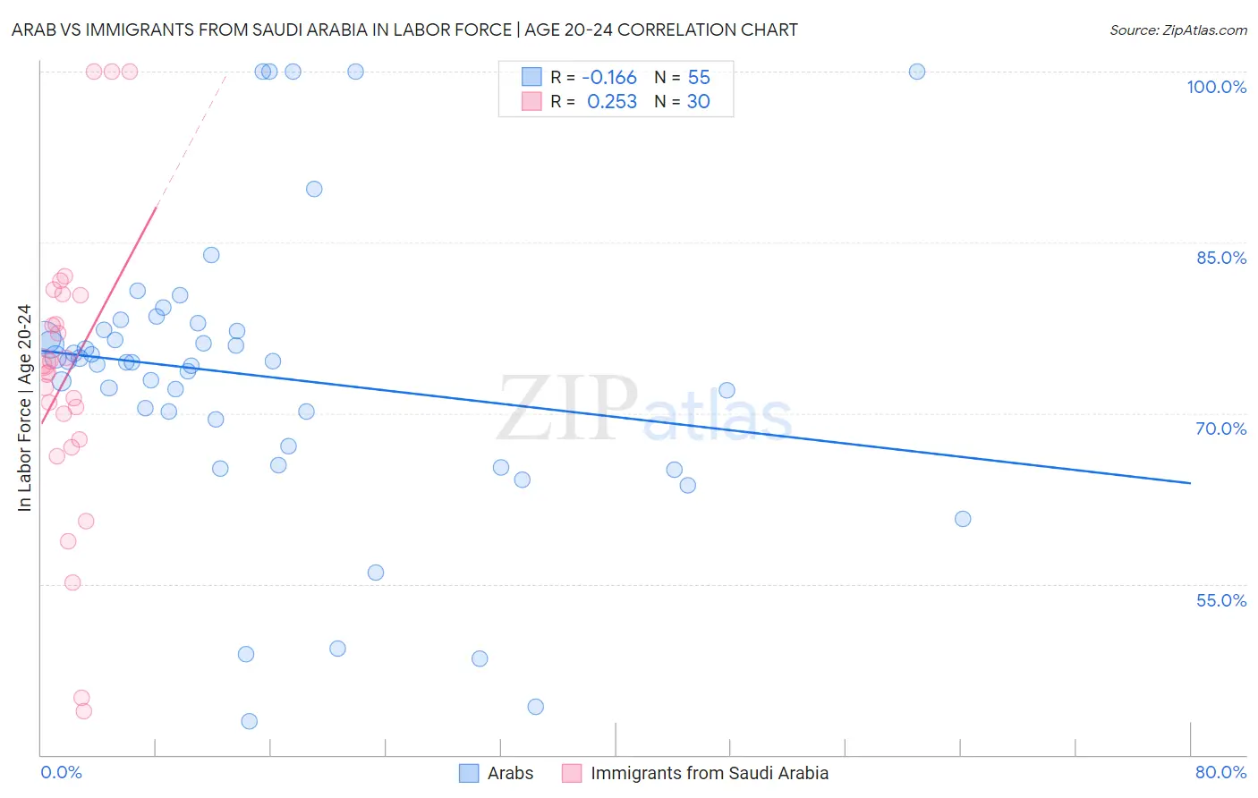 Arab vs Immigrants from Saudi Arabia In Labor Force | Age 20-24