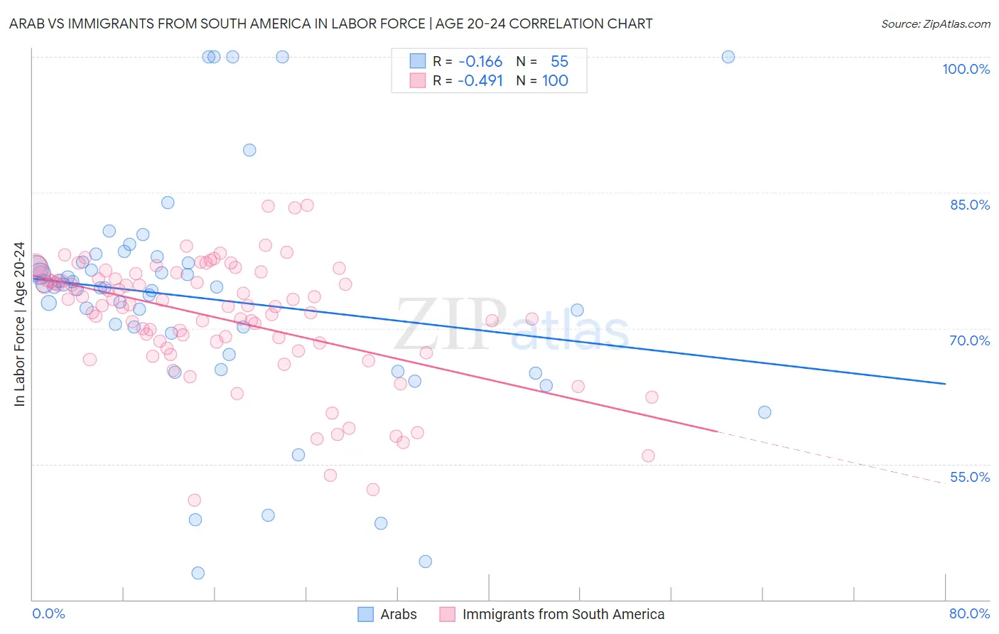 Arab vs Immigrants from South America In Labor Force | Age 20-24