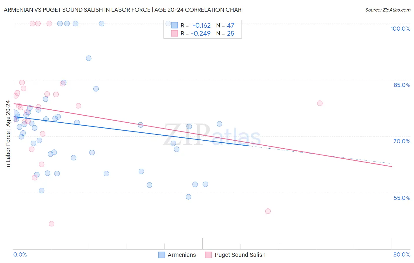 Armenian vs Puget Sound Salish In Labor Force | Age 20-24