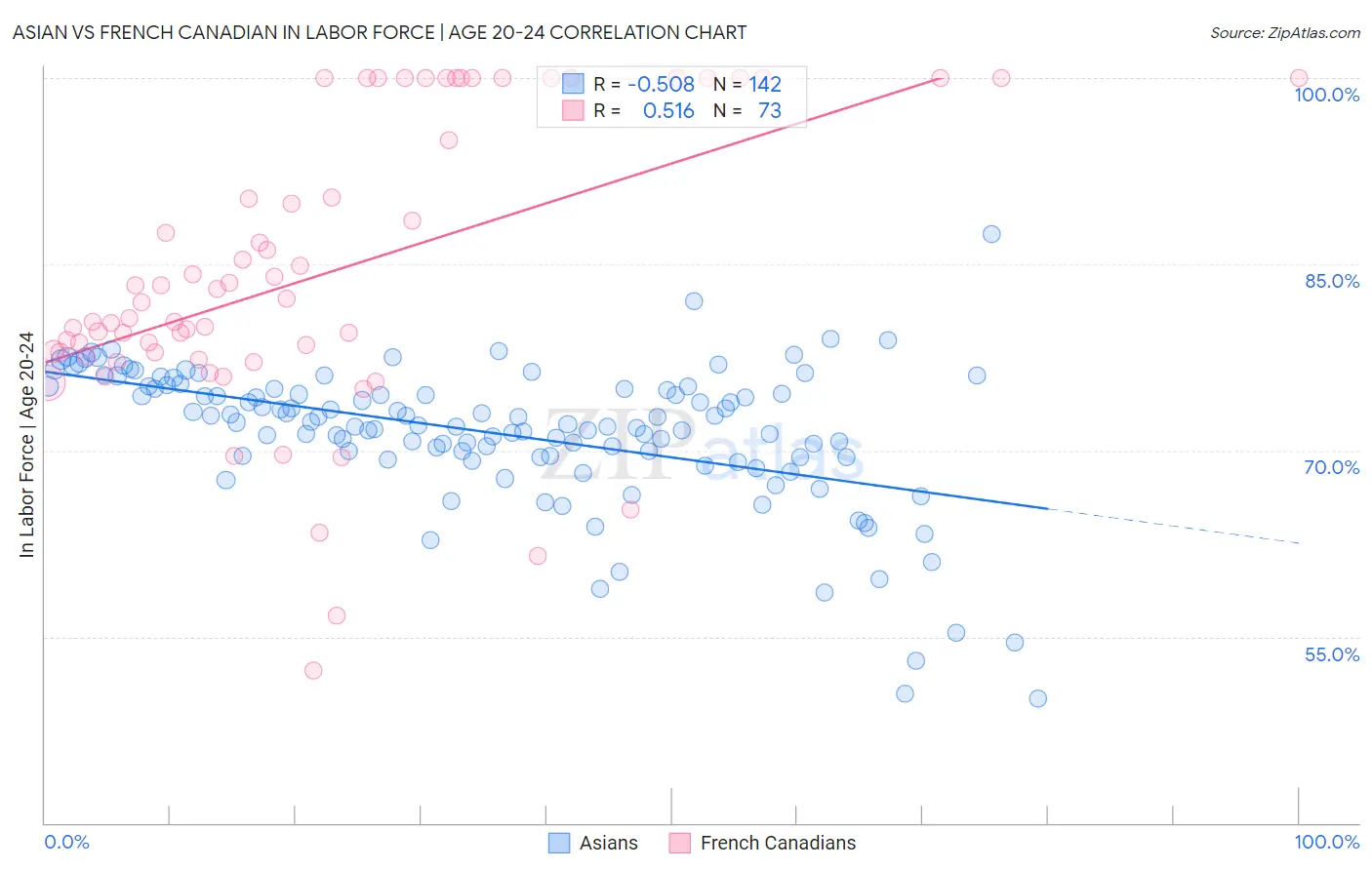 Asian vs French Canadian In Labor Force | Age 20-24