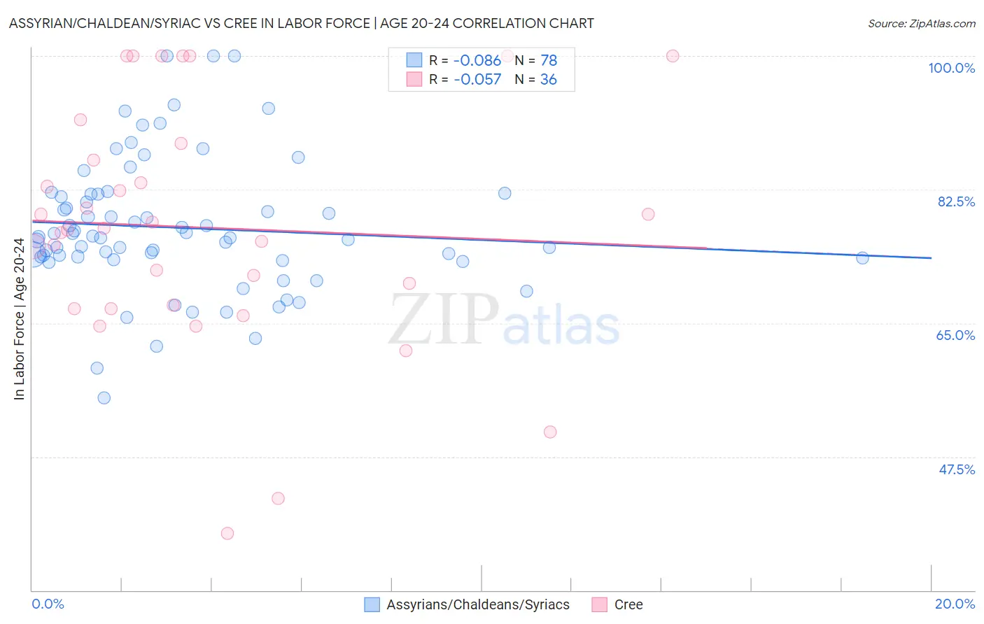 Assyrian/Chaldean/Syriac vs Cree In Labor Force | Age 20-24