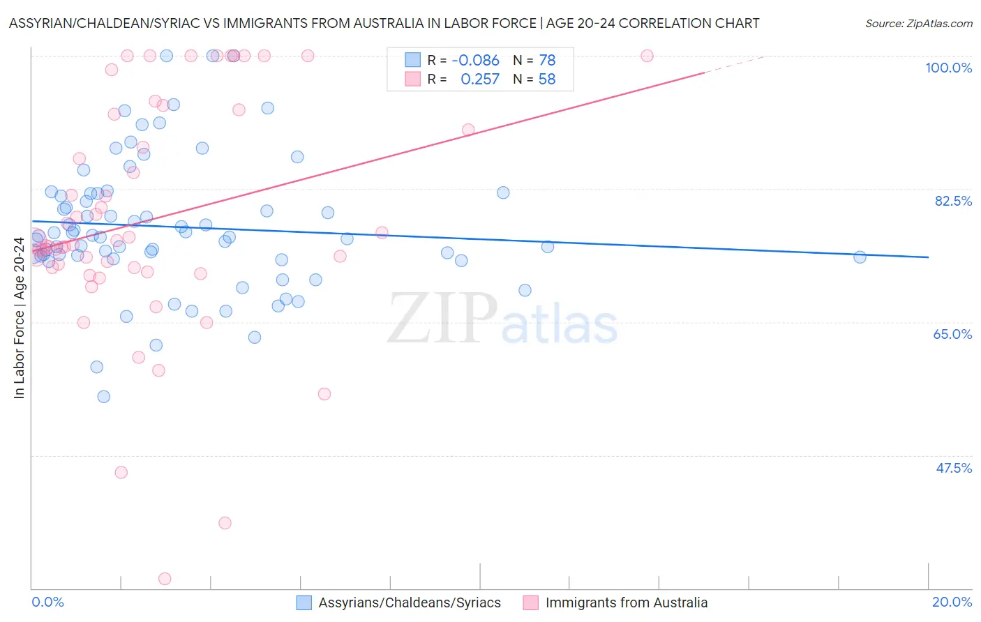 Assyrian/Chaldean/Syriac vs Immigrants from Australia In Labor Force | Age 20-24