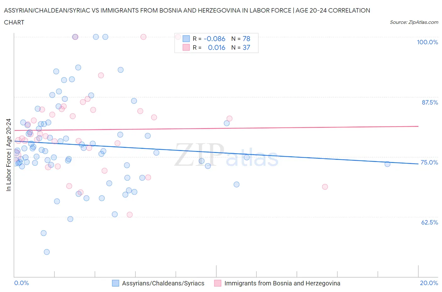 Assyrian/Chaldean/Syriac vs Immigrants from Bosnia and Herzegovina In Labor Force | Age 20-24