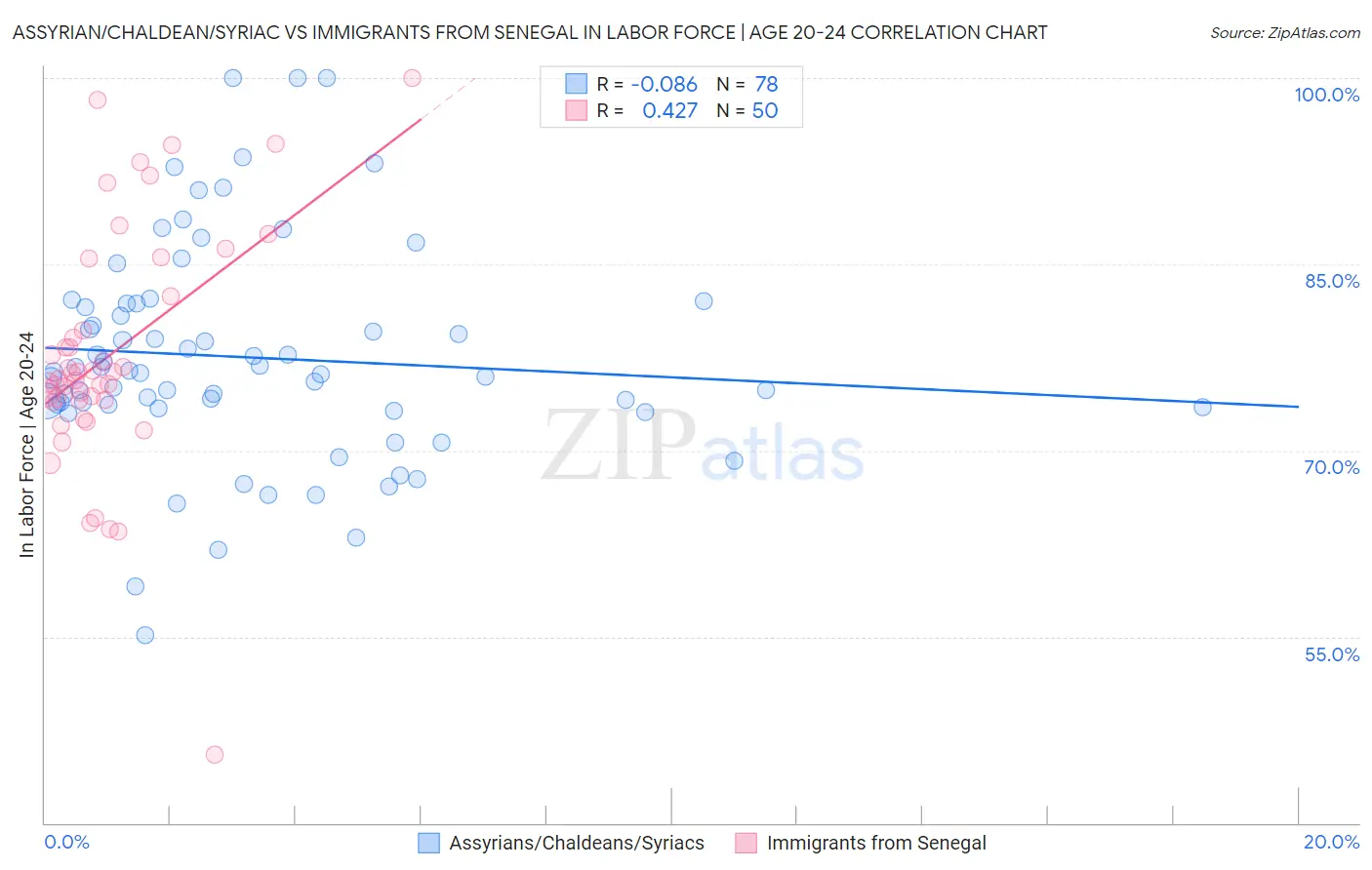 Assyrian/Chaldean/Syriac vs Immigrants from Senegal In Labor Force | Age 20-24