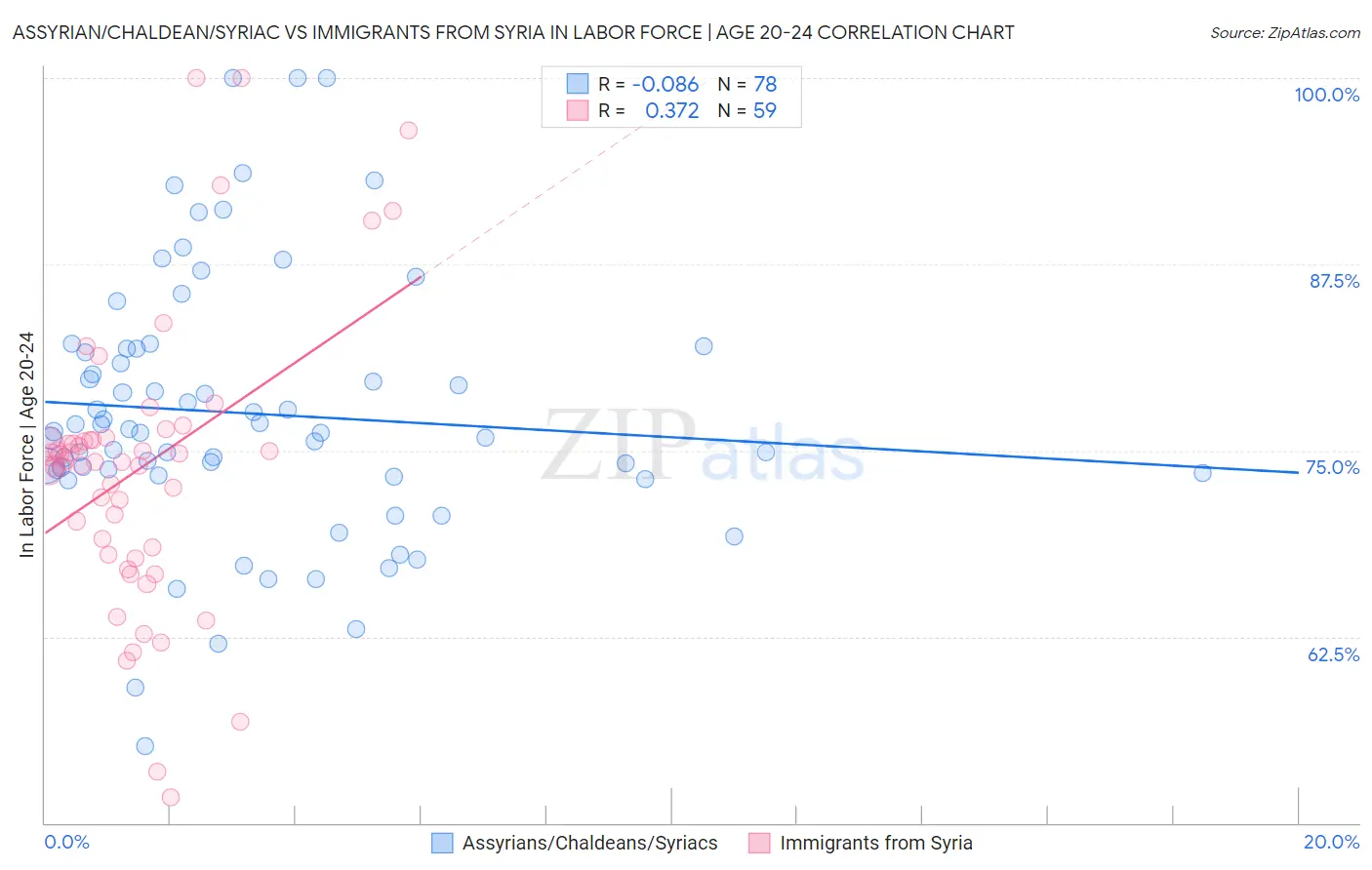 Assyrian/Chaldean/Syriac vs Immigrants from Syria In Labor Force | Age 20-24