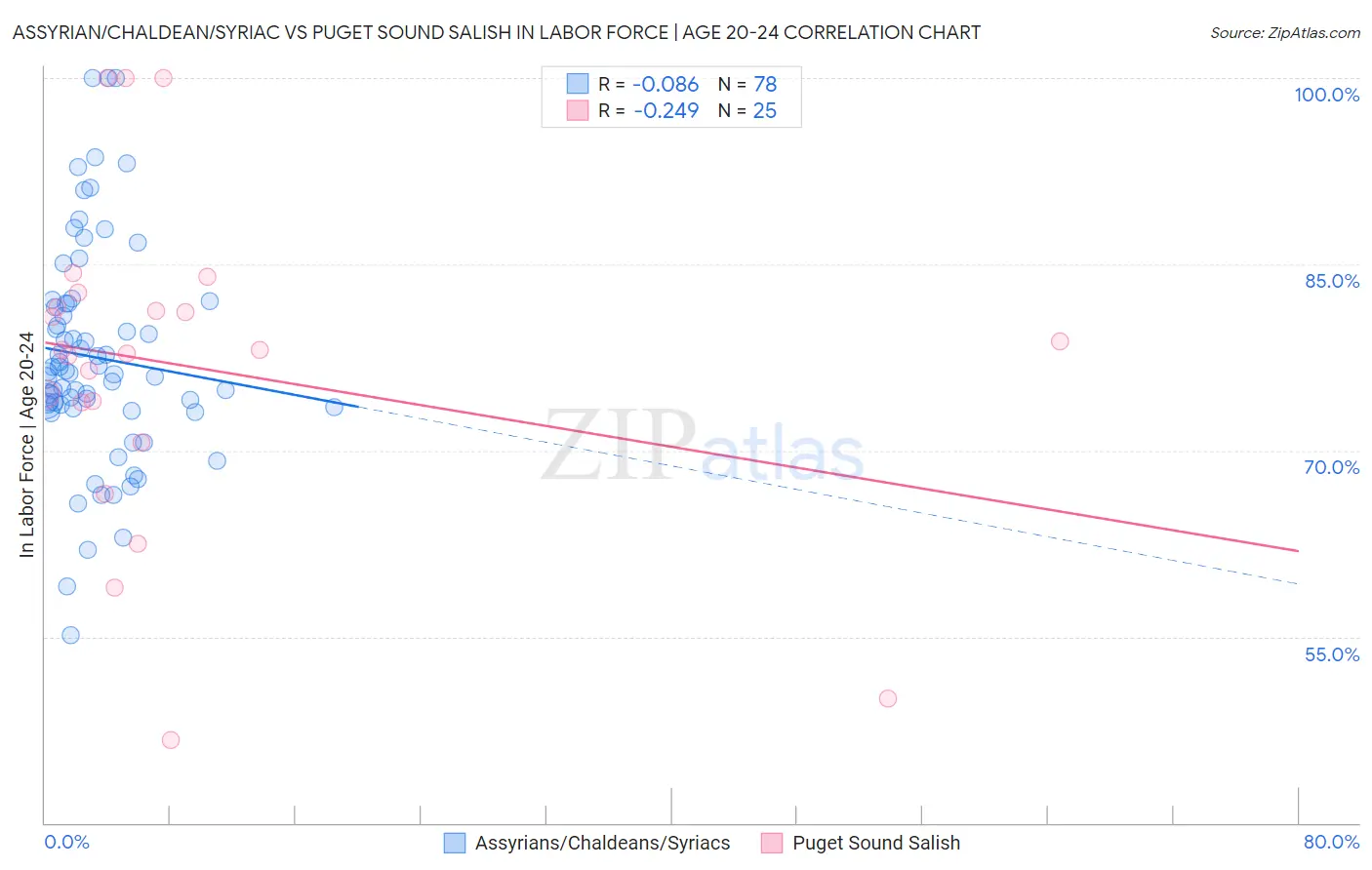 Assyrian/Chaldean/Syriac vs Puget Sound Salish In Labor Force | Age 20-24