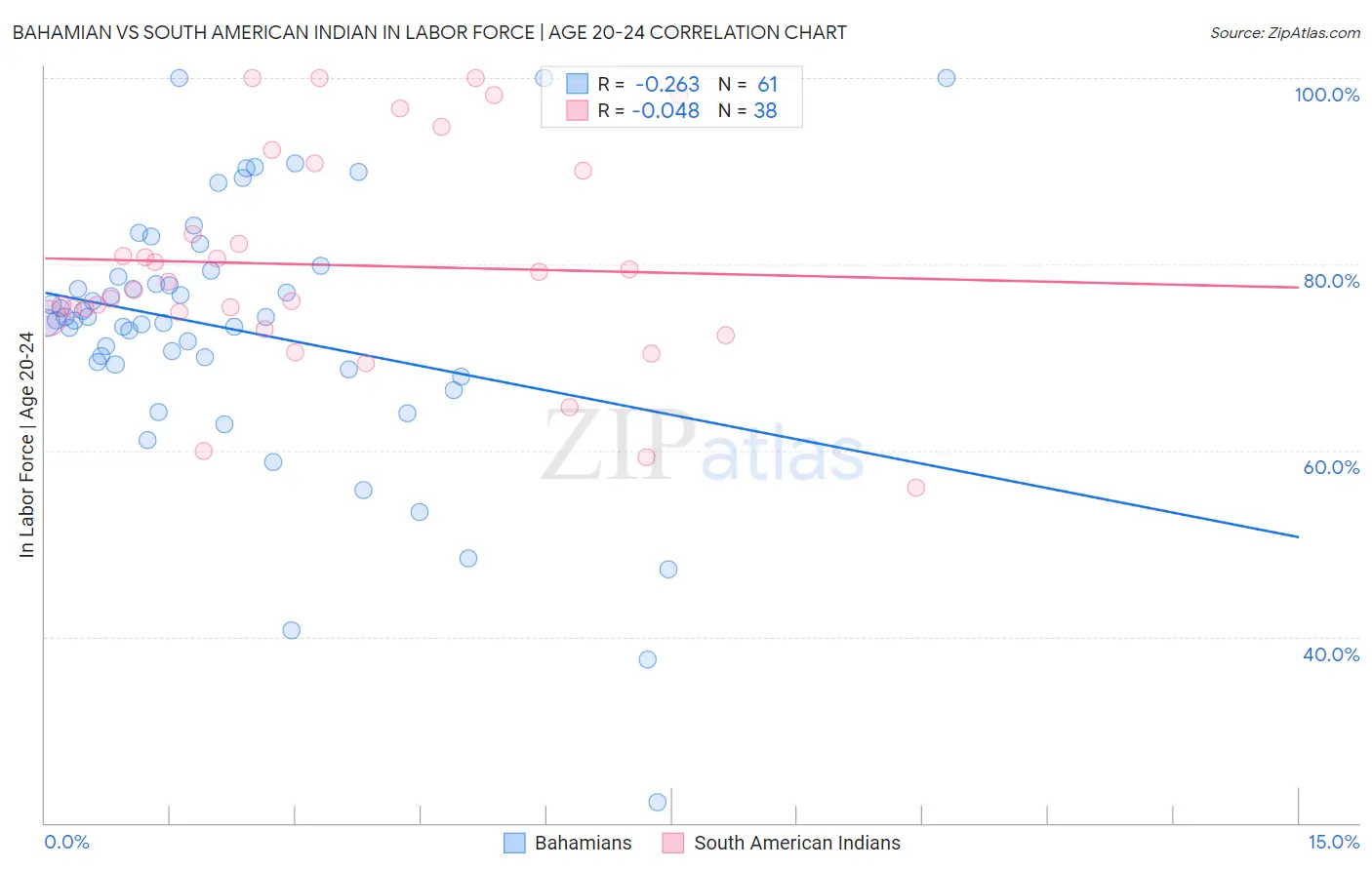 Bahamian vs South American Indian In Labor Force | Age 20-24