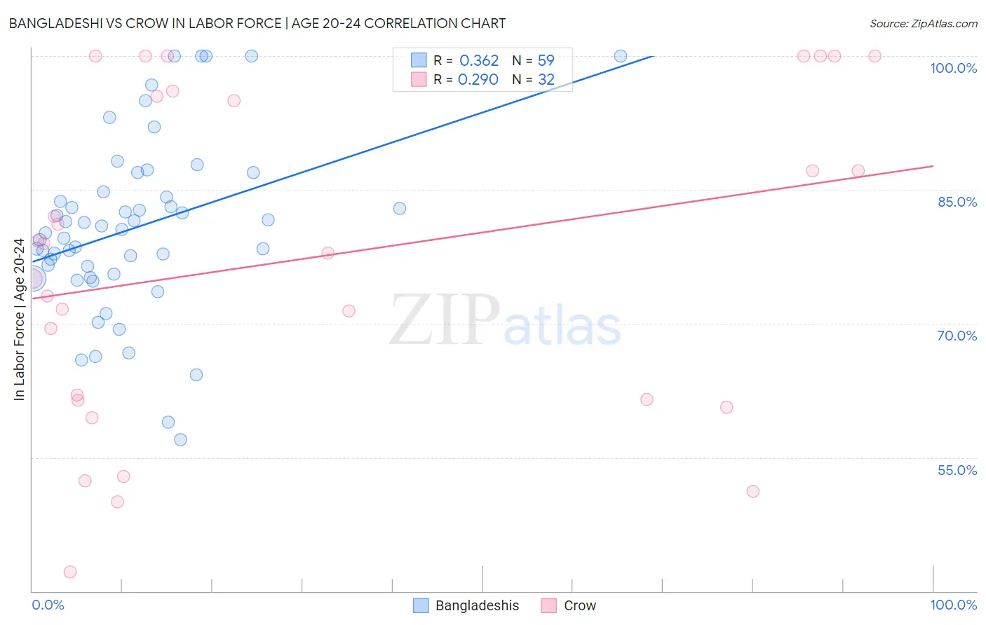 Bangladeshi vs Crow In Labor Force | Age 20-24