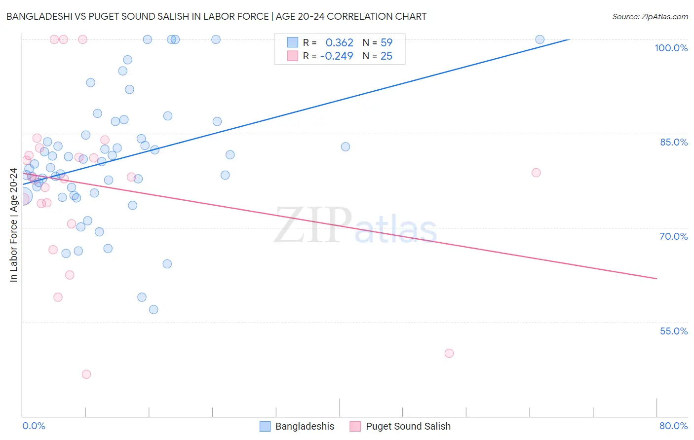 Bangladeshi vs Puget Sound Salish In Labor Force | Age 20-24