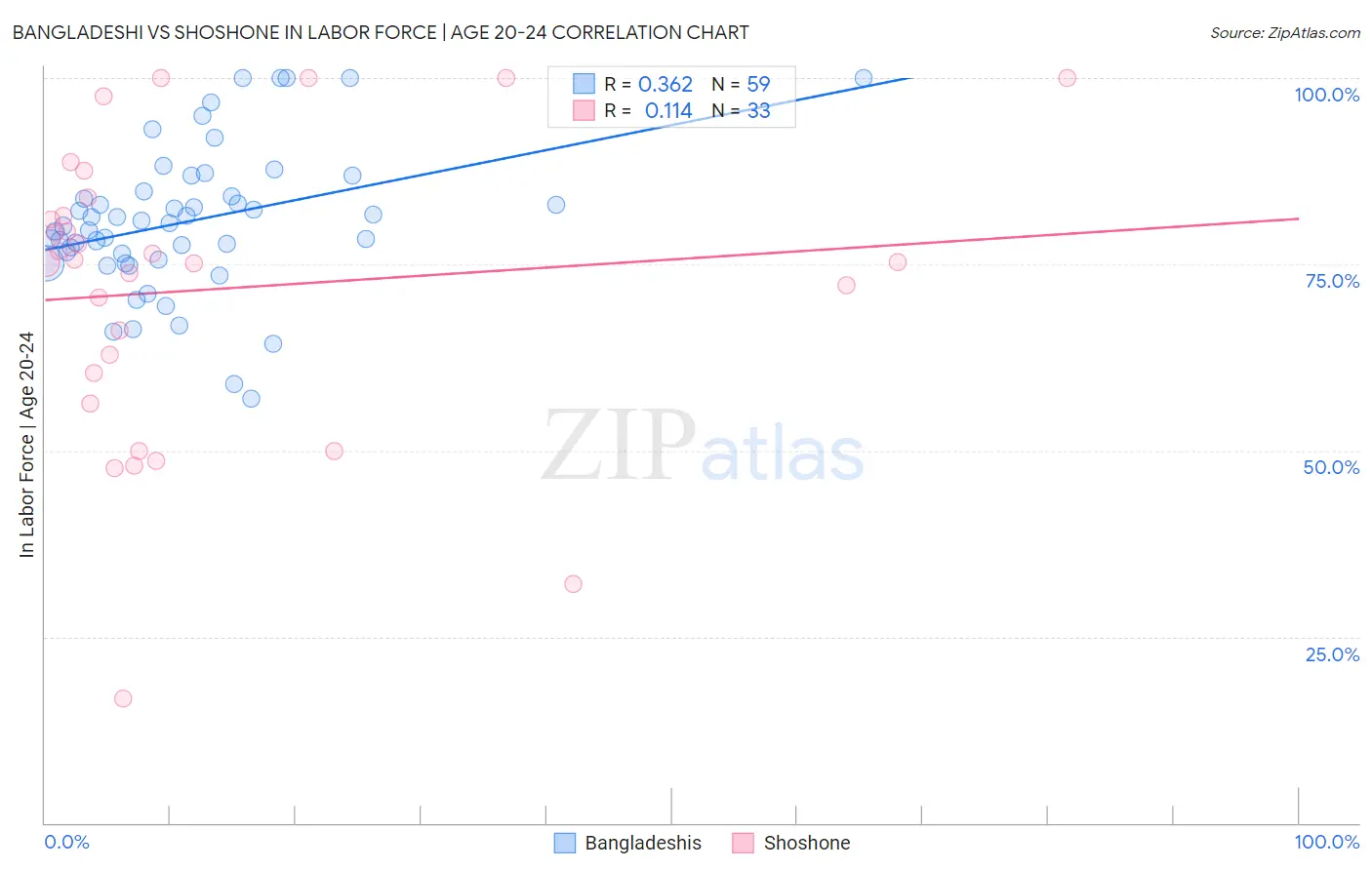 Bangladeshi vs Shoshone In Labor Force | Age 20-24