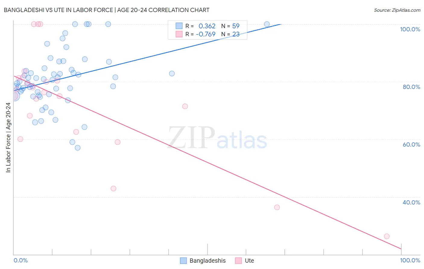 Bangladeshi vs Ute In Labor Force | Age 20-24