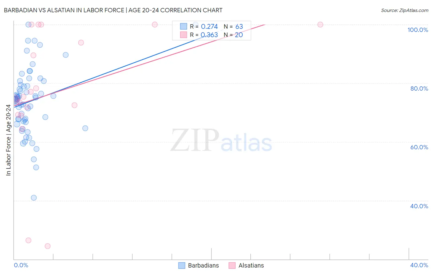 Barbadian vs Alsatian In Labor Force | Age 20-24