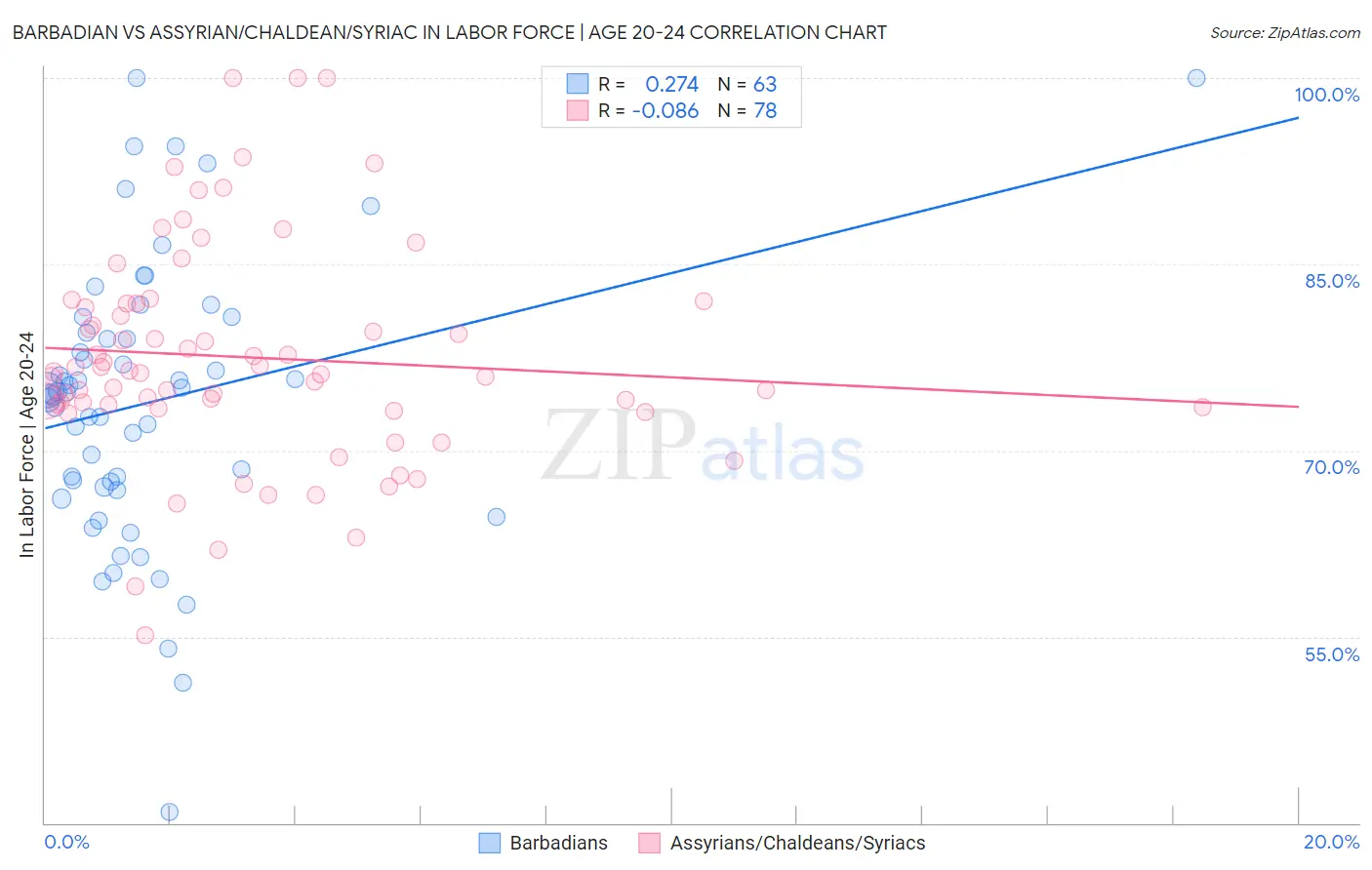 Barbadian vs Assyrian/Chaldean/Syriac In Labor Force | Age 20-24