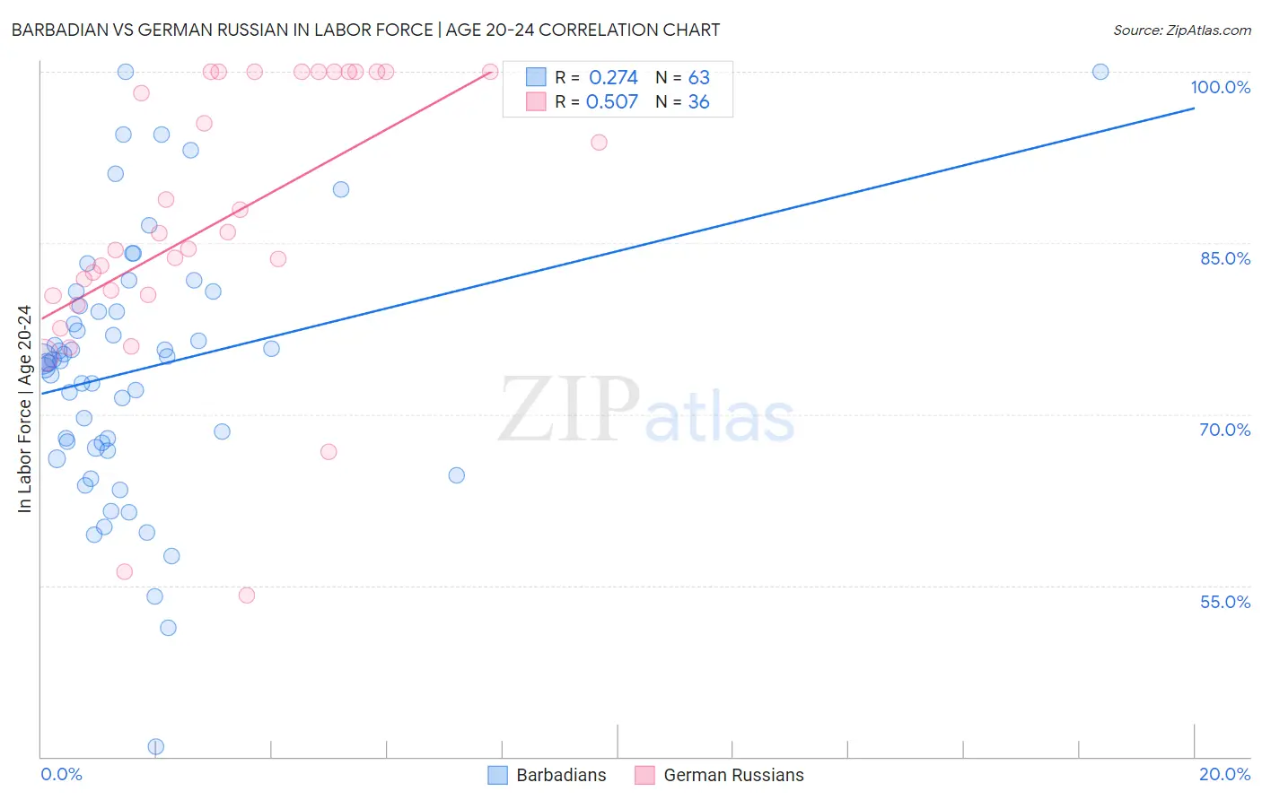 Barbadian vs German Russian In Labor Force | Age 20-24