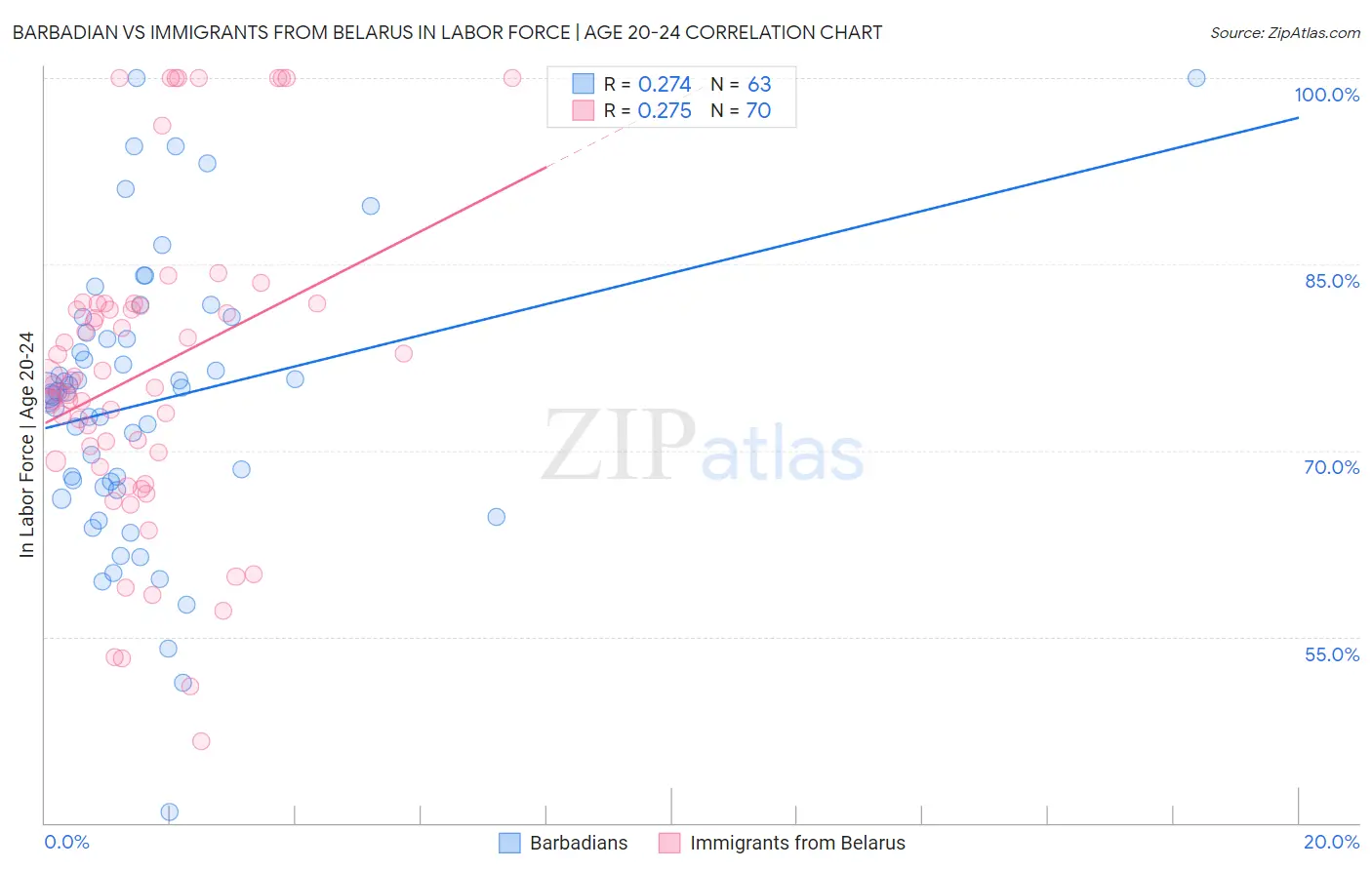 Barbadian vs Immigrants from Belarus In Labor Force | Age 20-24