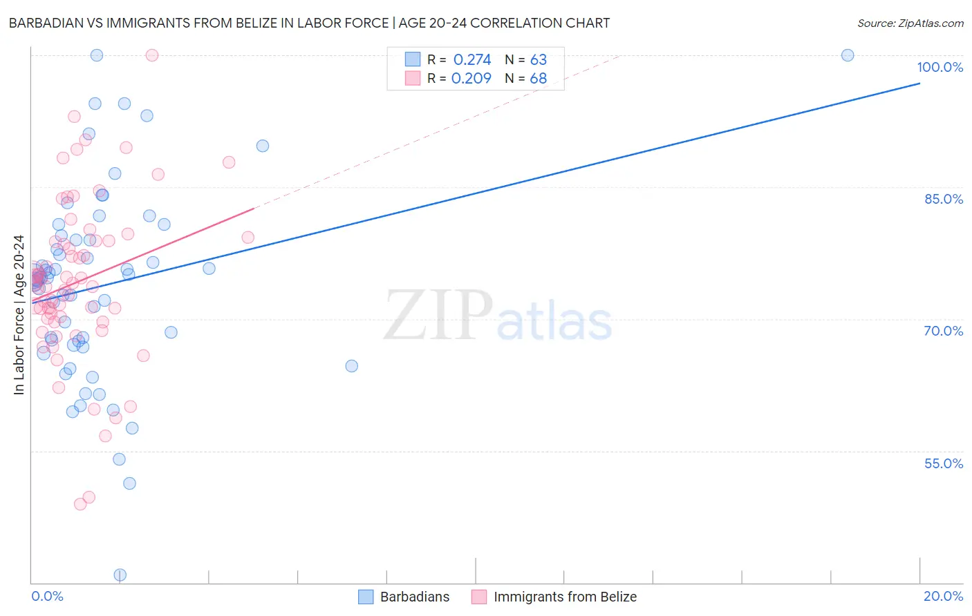 Barbadian vs Immigrants from Belize In Labor Force | Age 20-24