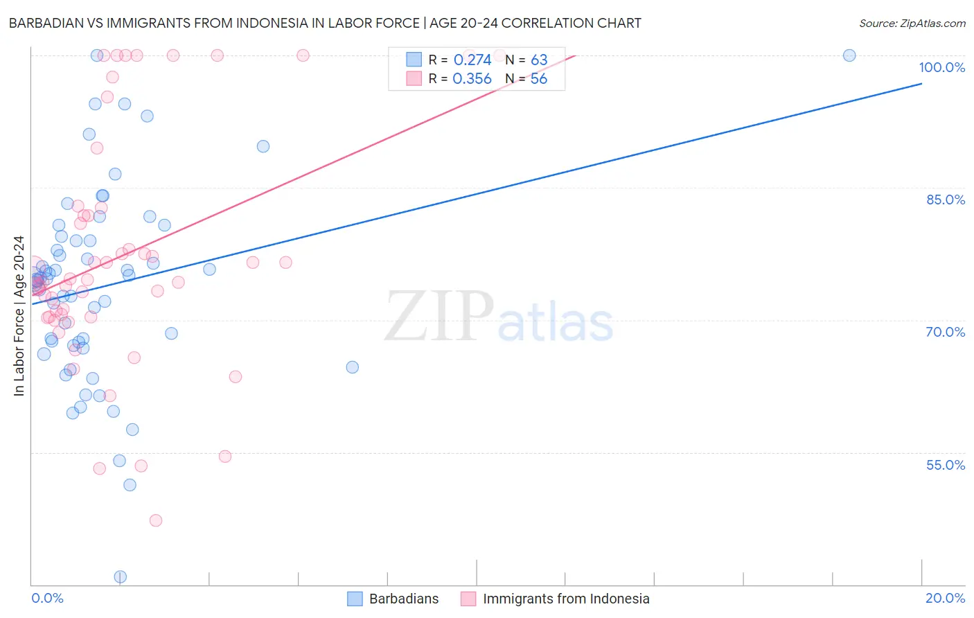 Barbadian vs Immigrants from Indonesia In Labor Force | Age 20-24