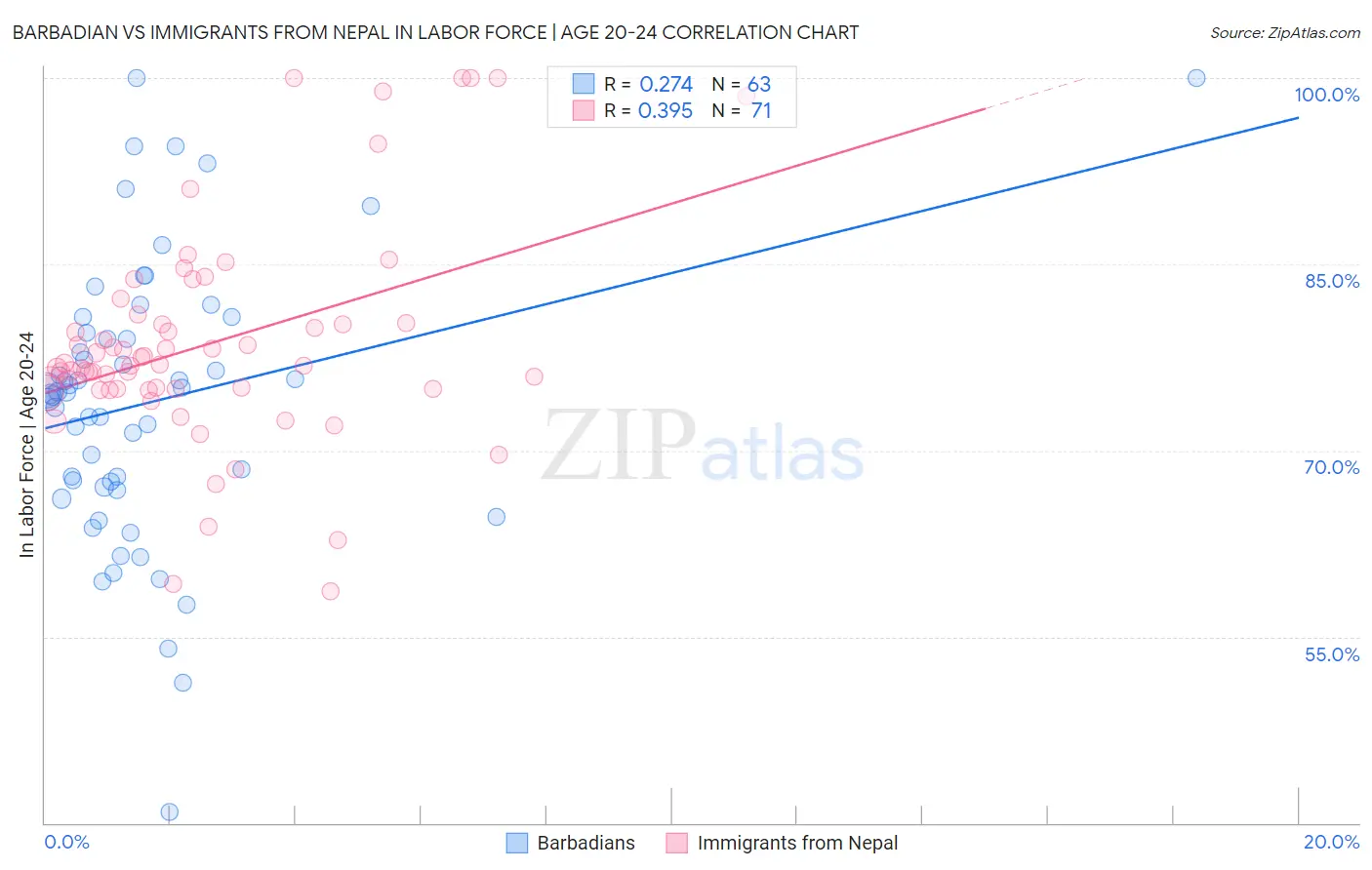 Barbadian vs Immigrants from Nepal In Labor Force | Age 20-24